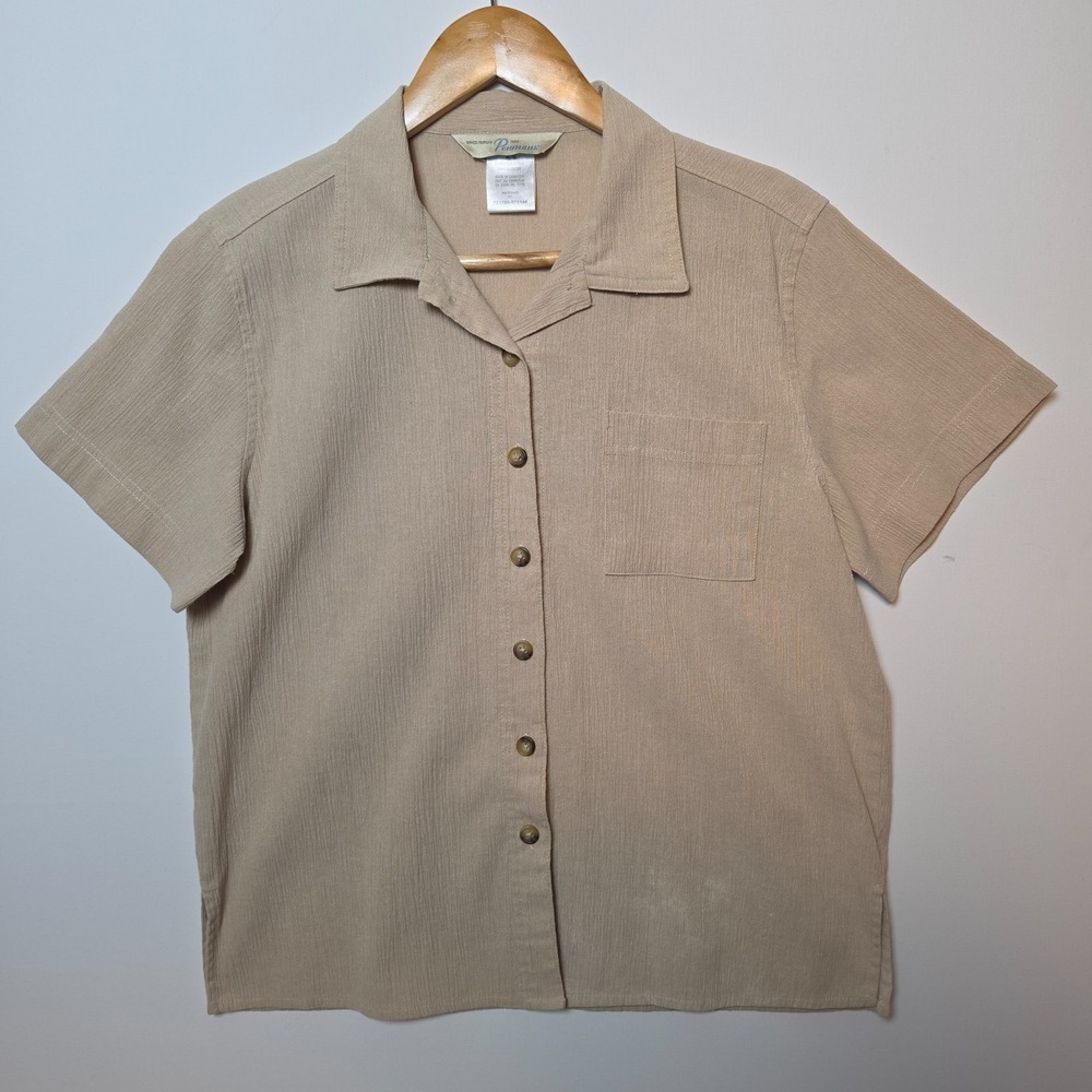 Penmans Textured Short Sleeve Button Up Shirt Tan Beige Medium